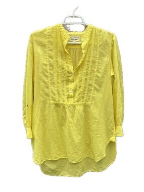 Nili Lotan Yellow Pintuck Pleat Tuxedo Style Cotton Tunic Popover Top Size Small